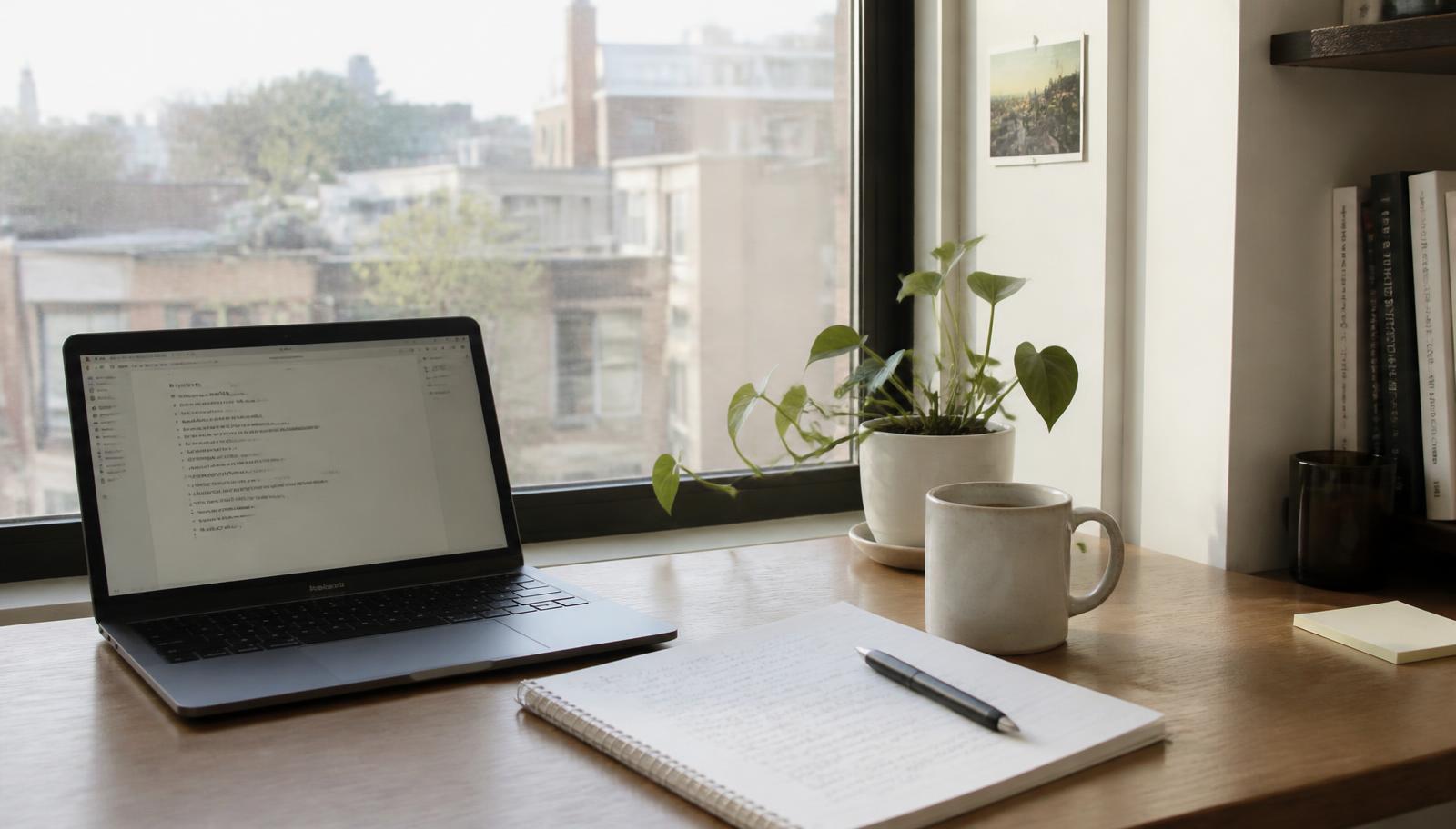 A laptop, notebook and coffee on a desk beside a bright apartment window