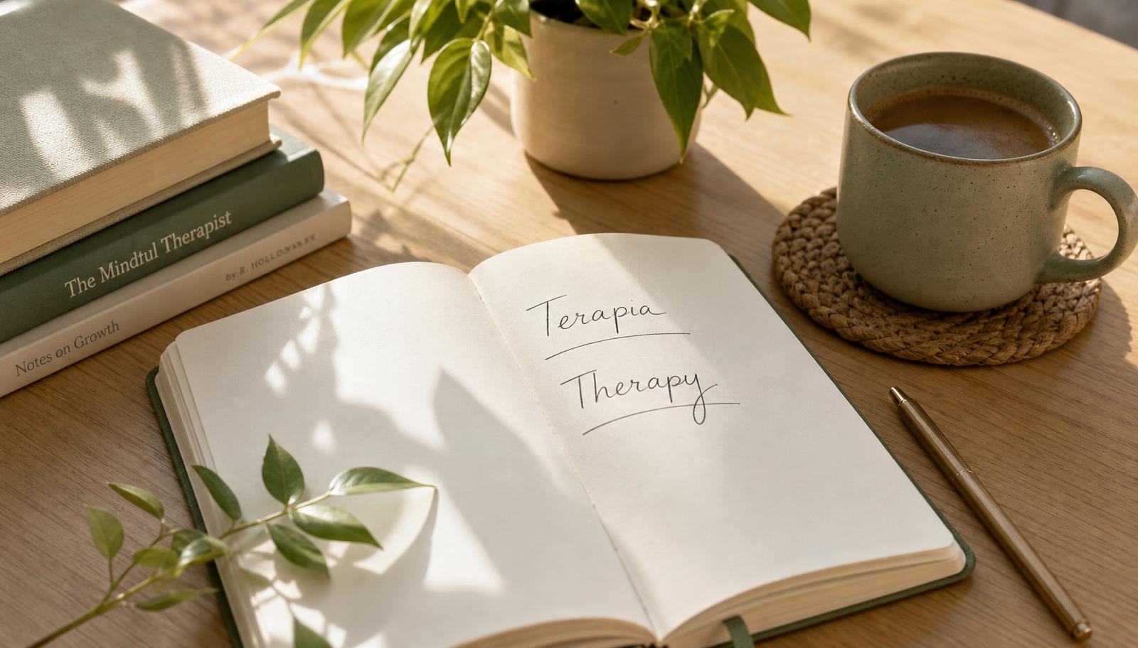 An open notebook on a sunlit table with 'Terapia' and 'Therapy' written together, beside a coffee cup and green plant