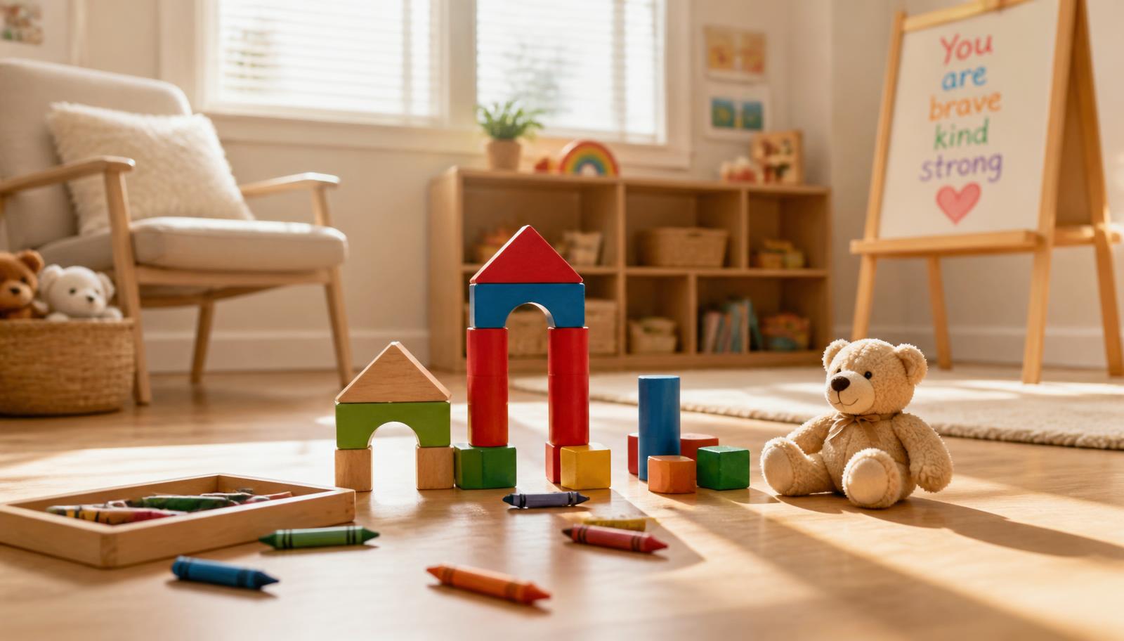 Wooden blocks, crayons and a teddy bear on a sunlit playroom floor