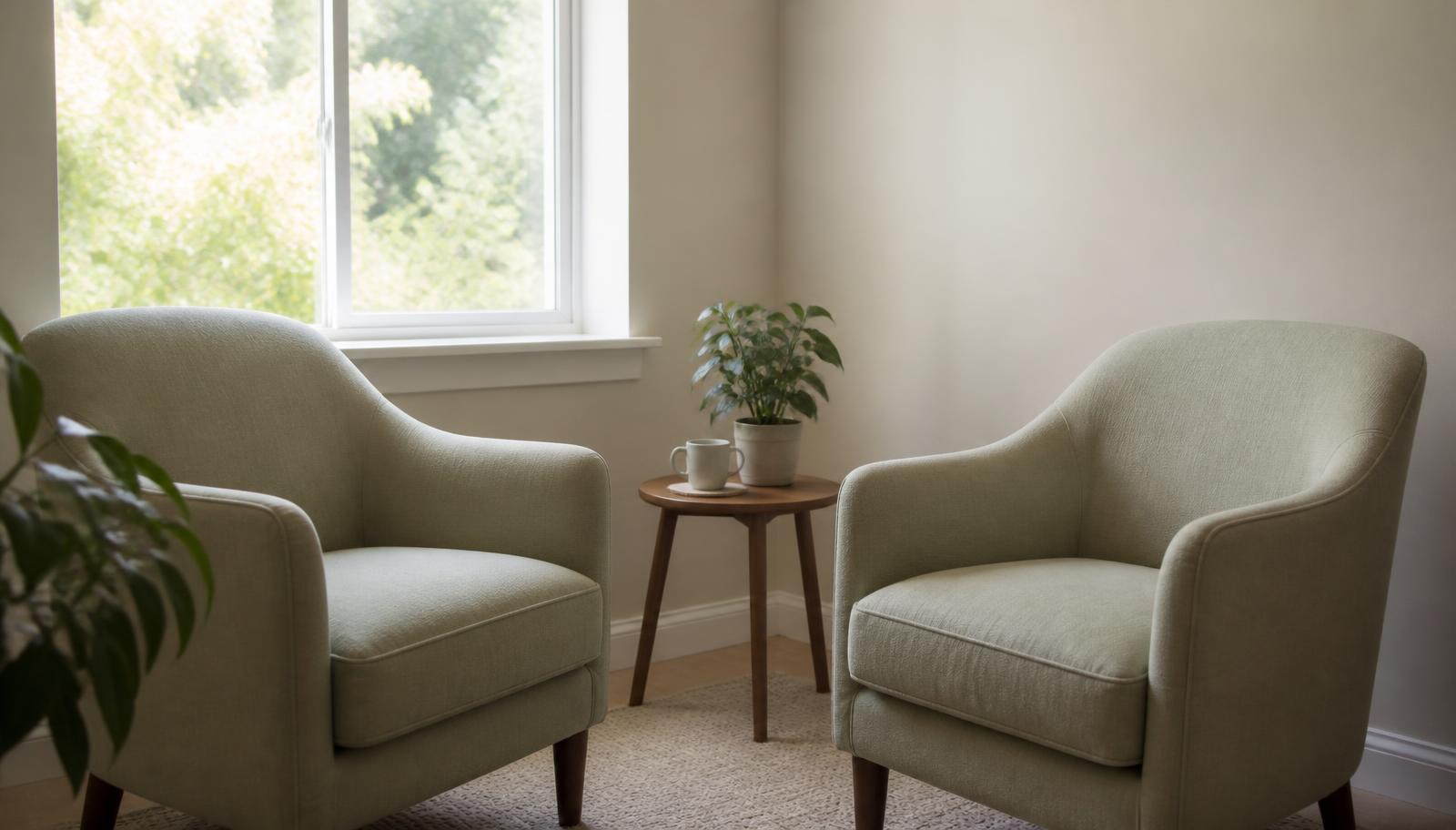 Two soft armchairs facing each other beside a sunlit window in a quiet therapy office